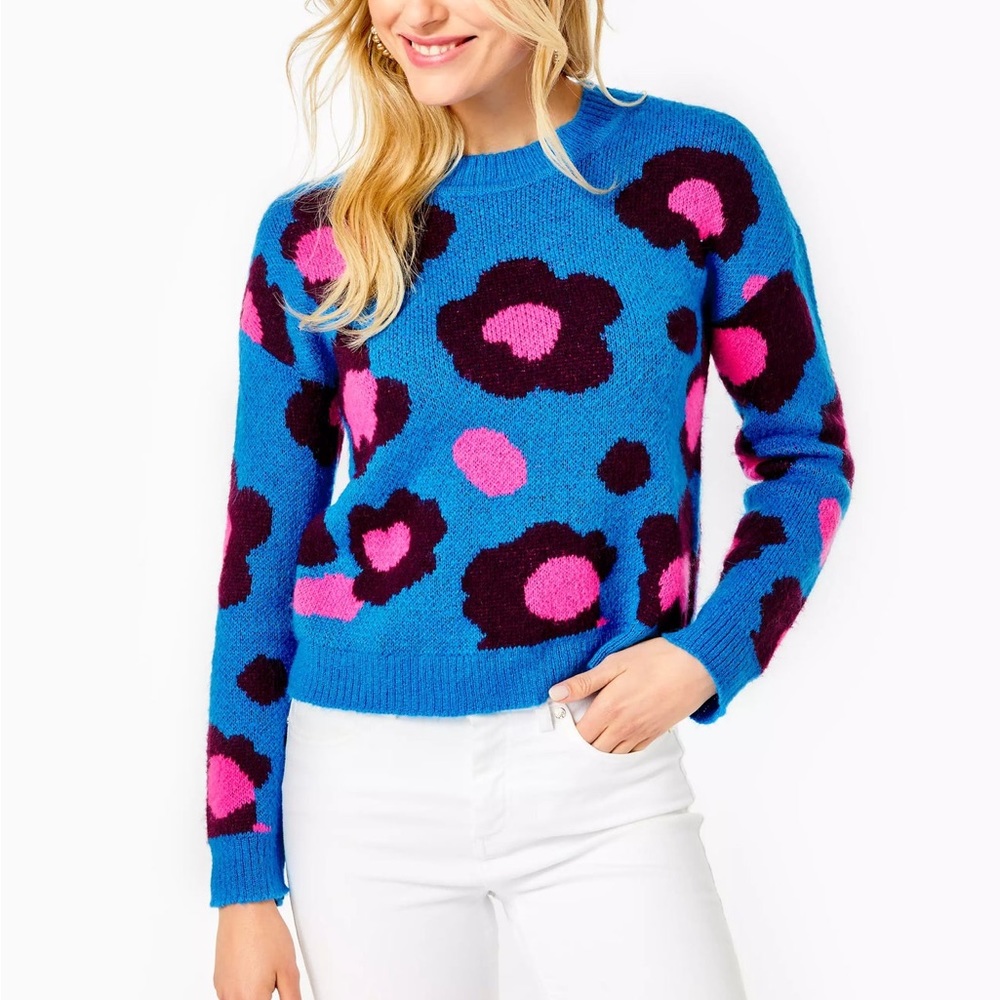 Lilly Pulitzer Ferrara Knit Lightweight  Fluffy Blue Pink Floral Sweater